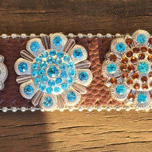 Unique western brown leather rhinestone and turquoise embellished belt